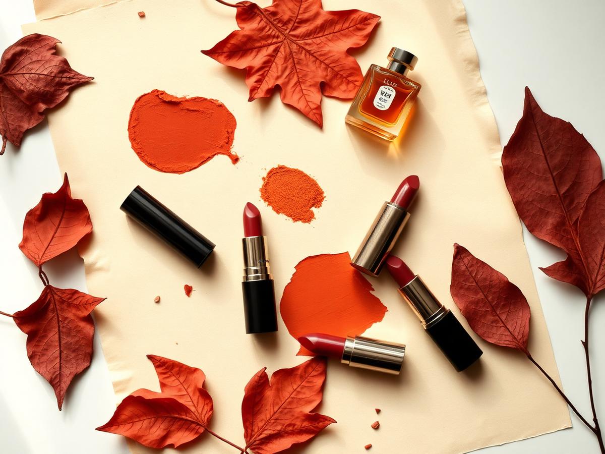 Warm cognac and berry beauty products on aged parchment with dried leaves